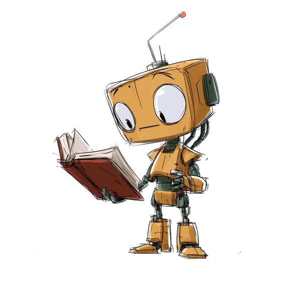 Illustration of a robot standing and reading a book Illustration of a robot standing and reading a book