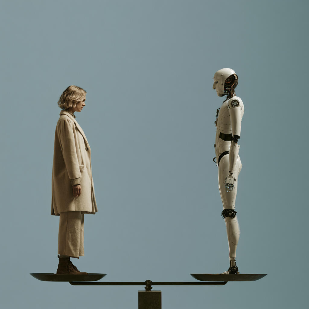 Photo illustration of a robot standing in front of a woman Photo illustration of a robot standing in front of a woman