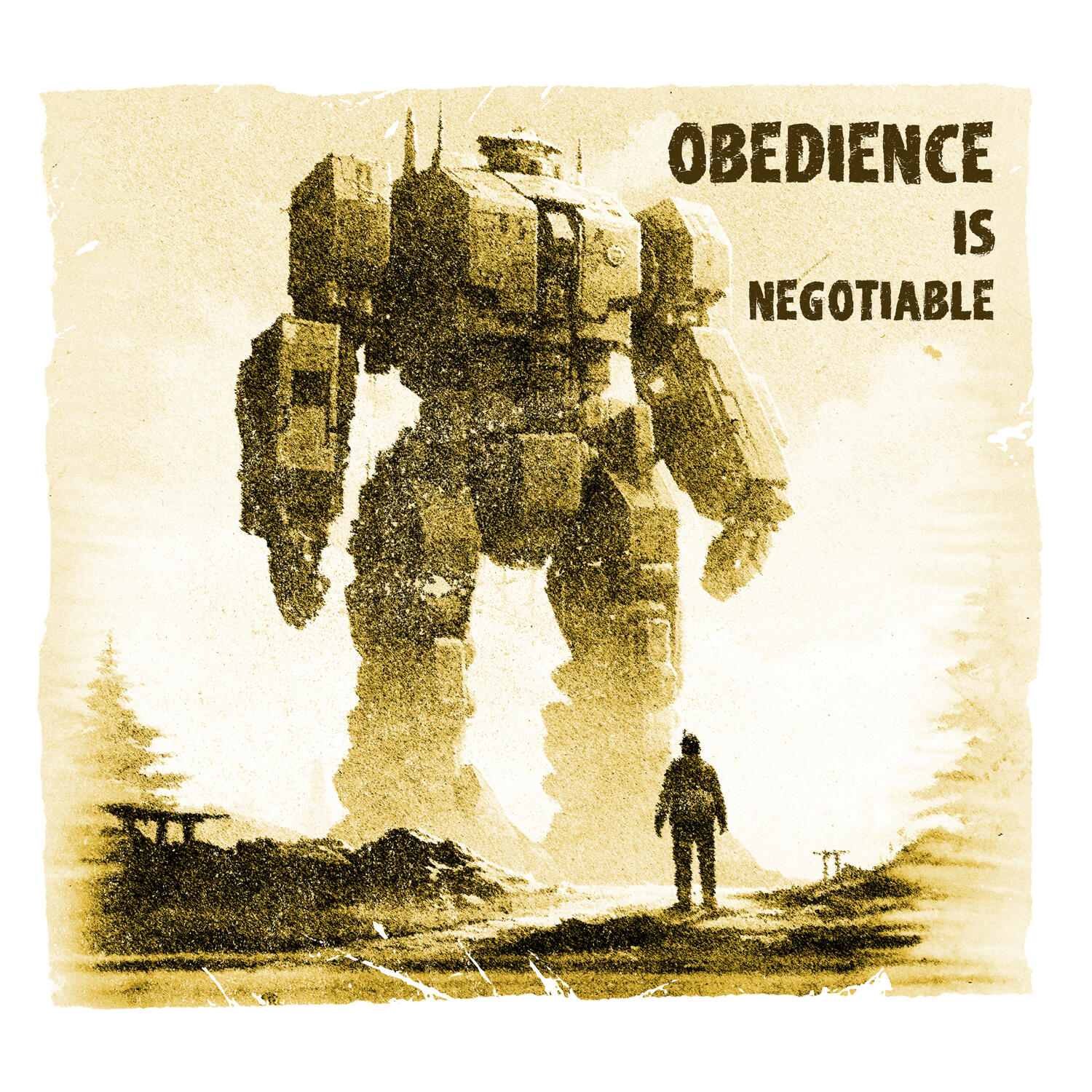 Illustration of a t-shirt design of a robot and a little man Illustration of a t-shirt design of a robot and a little man