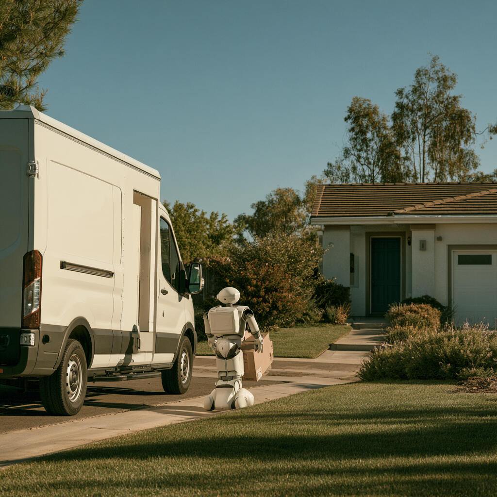 Photo illustration of a robot carrying a cardboard box and exiting the commercial vehicle in the parking lot towards the door of Photo illustration of a robot carrying a cardboard box and exiting the commercial vehicle in the parking lot towards the door of a private house