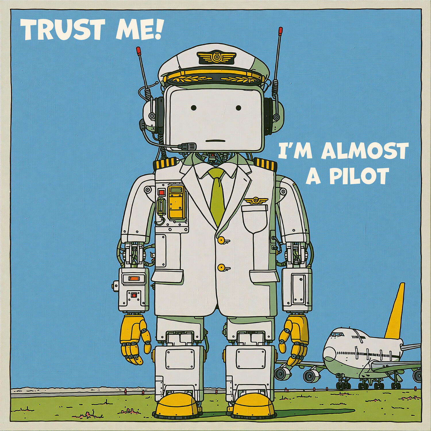 Illustration of a shirt design of a robot as a pilot with a plane behind him Illustration of a shirt design of a robot as a pilot with a plane behind him