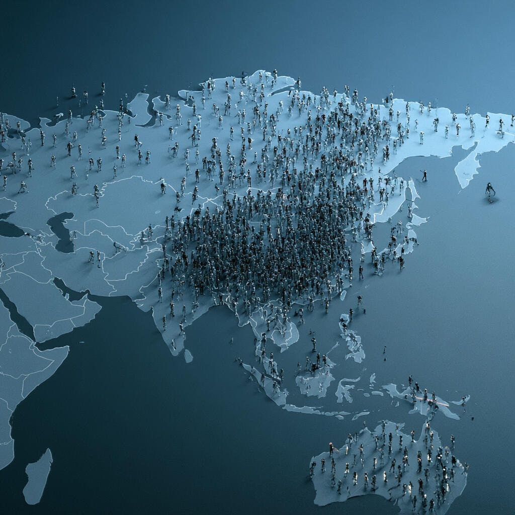 Photo illustration of a map of a country and lots of little robots standing on it Photo illustration of a map of a country and lots of little robots standing on it