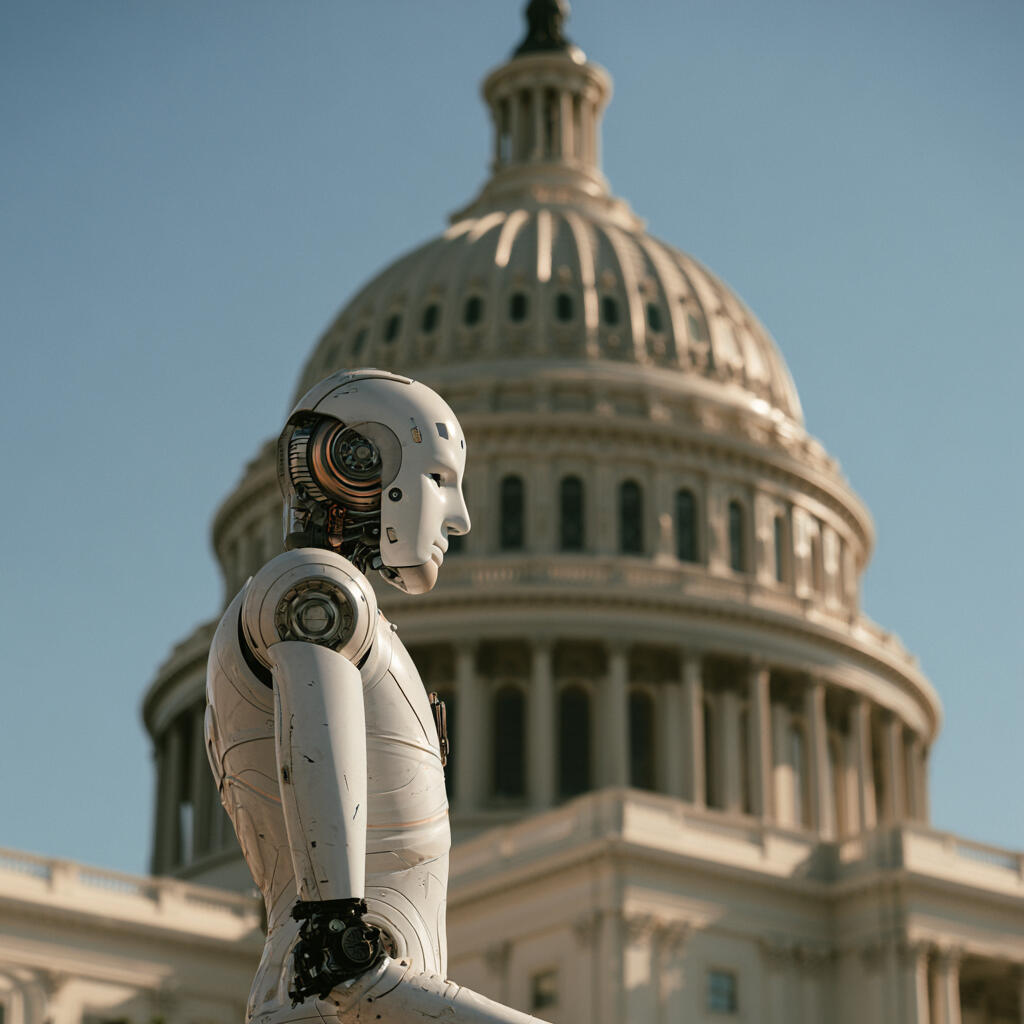 Photo illustration of a robot against the backdrop of the White House in Washington Photo illustration of a robot against the backdrop of the White House in Washington