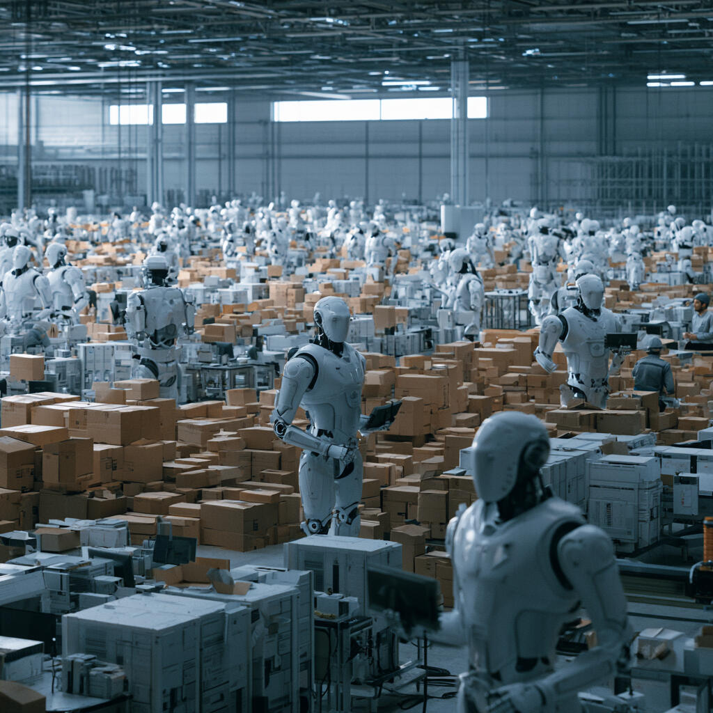 Photo illustration of robots at work inside a warehouse with lots of cartons Photo illustration of robots at work inside a warehouse with lots of cartons